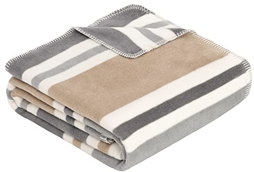 Ibena Barnsley Decke 150x200 cm - Baumwollmix weich, warm & waschbar, Kuscheldecke gestreift grau beige
