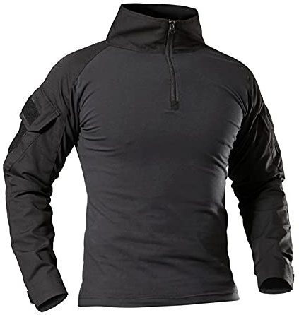 AMhomely Mens Tactical Shirt Long Sleeve Turtleneck Camouflage Tops Plus Size Combat Shirt Multicam Military T Shirts Zipper Camo Pullover Tops Outdoor Uniform Airsoft Hunting Woodland Black S
