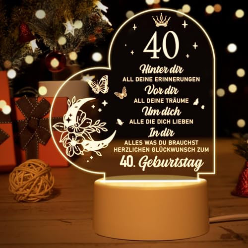 Vetbuosa 40 Geburtstag Geschenk Frauen & Männer - Acryl Nachtlicht - Geschenk zum 40. Geburtstag, 40 Geburtstagsdeko für Freundin, Ehepartner, Freund, Ehefrau
