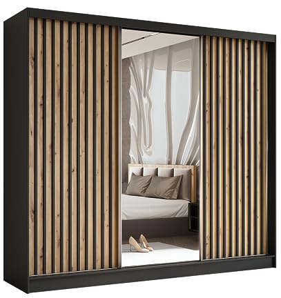 Margaret Hadas24 Kleiderschrank Erika mit Lamellen und Spiegel, Organizer, Mehrzweckschrank, Schwebetürenschrank, Garderobenschrank, Kleiderstange, Kleiderständer, Flurschrank, 240 cm, schwarz, braun