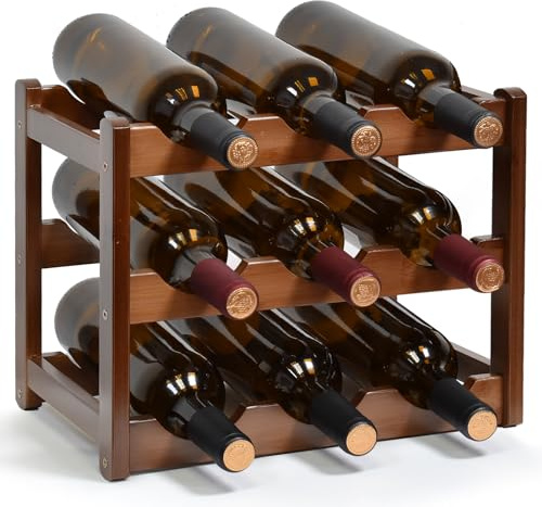 IWTTWY Wine Rack, 3 Tier 9 Bottles Wine Holder Free Standing, Wooden Wine Bottle Holder Wine Display Shelves for Cupboard Home Kitchen Pantry Wine Cellar(L36x W23.5x H25cm)