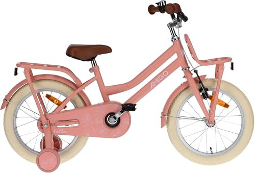 AMIGO Bella - Kinderfahrrad - 16 Zoll - mit Handbremse, Rücktritt, Lenkerpolster und Stützräder - ab 5-6 Jahre - Lachsrosa