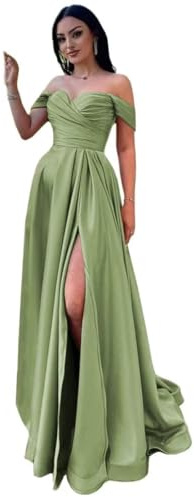 Infuness Damen Satin Schulterfreie Ballkleider Lang gerüschtes Brautjungfernkleid Schlitz Meerjungfrau Hochzeit Partei Kleid