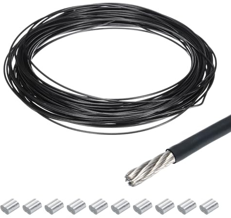 QUARKZMAN Drahtseil Edelstahl 30M x 2 mm Stahlseil PVC ummantelt mit 10 Aluminiumhülsen Sicherungsdraht Aufhänger für Bilder Vorhang Geländer Outdoor Gartenmöbel Sonnensegel, Schwarz