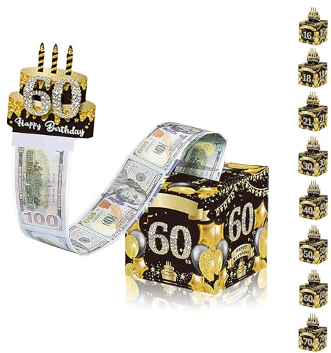 Geldgeschenke Überraschungsbox für Männer und Frauen - 60. Geburtstag Surprise Box, Schwarz-Gold DIY Geburtstag Geschenkverpackung mit Geldgeschenk und Happy Birthday Tortendeko