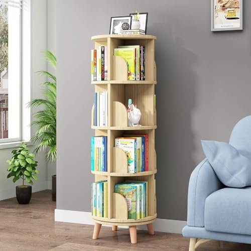 SanBouSi 4 Ebenen Drehbares Bücherregal Standregal Massivholz Drehregal Büroregal 360° frei Drehbar Bookshelf für Kinder und Erwachsene, 16 Fächer