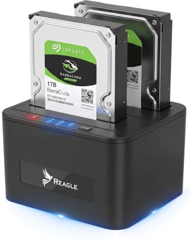 Reagle Dual SATA Docking Station - Soporta 2 x HDD/SSD de hasta 16 TB, clonación offline, USB SuperSpeed 5 Gb/s, Plug & Play, compatible con Windows y Mac OS