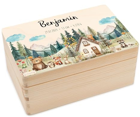 Geschenkfreude Erinnerungsbox Baby Personalisiert 30x20x14cm - Waldfreunde | UV-Druck, Baby Aufbewahrungsbox, Erinnerungskiste aus Holz, Geschenke zur Geburt für Junge und Mädchen
