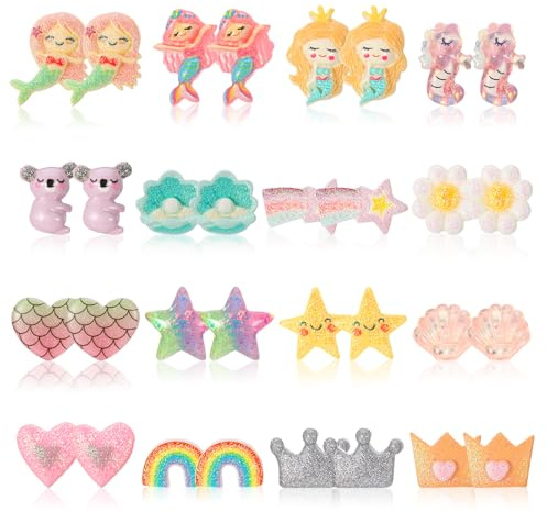 Halinuia 16 Paires Boucle D'oreille Clip Enfant Boucle Oreille Sans Trou pour Filles Clips Oreilles non Percées Fleur Sirène Arc-en-ciel Cœur Étoile Coquille Couronne Oreille Sans Trou Bijoux Cadeau