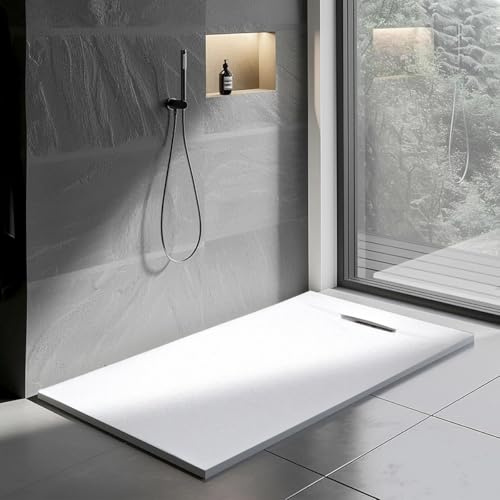 Yellowshop - GENESIS Piatto doccia rettangolare marmoresina h 2,5 cm antracite e bianco finitura ardesia scarico laterale a scomparsa con sifone diverse dimensioni (Bianco, 70x100)