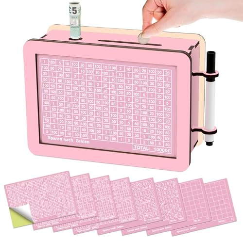 Sparbox mit Zahlen Ankreuzen Spardose Holz Spardose Erwachsene mit 8 Marker Aufklebern Wiederverwendbare Geldkassette Geldsparbox Sparschwein aus Holz für Erwachsene mit Sparziel