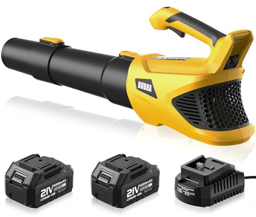 Trådlös lövblås 21 V elektrisk lövblås sladdlös kraftfull 500 CFM med 2 x 4,0 Ah batterier och laddare, 5 hastighetslägen, lätta batteridrivna lövblås för skötsel av gräsmatta och gårdsfrigång