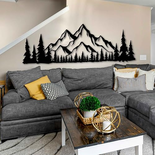 KAWA METALWORKS Wanddekoration aus Metall mit Berg und Wald, rustikale Landschaft, Wanddekoration, großer Metall-Wandbehang, Hügel und Bäume, Wandkunst für Wohnzimmer und Büro