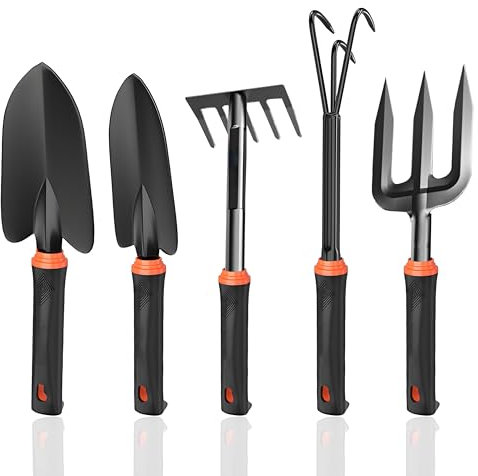 Garden Tool Set, 5 Pcs Carbon Steel Gardening Hand Tools Including Garden Fork, Trowel, Weeding Fork, Hand Rake, Transplanter Trowel Set for Women Man Gardener Digging, Planting & Weeding