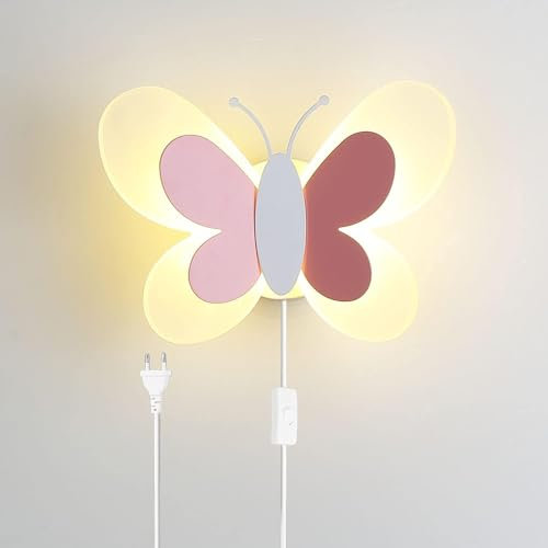 EOEO 15W LED Kinder Wandlampe mit Schalter Schmetterling Wandleuchte Kinderzimmer Nachttischlampe mit Stecker und Kabel Schlafzimmer Wandbeleuchtung 3 Farben Dimmbar Junge Mädchen Raumlampe