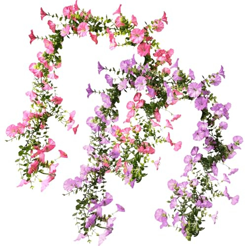2 Stück Künstliche Hängepflanze Petunien Blumengirlande, Blumengirlande Künstlich Kunstblumen Hängend Deko, Wetterfest Künstliche Blumen Girlande für Außen Hochzeit Garten Wand Dekor(insg. 3.6m)