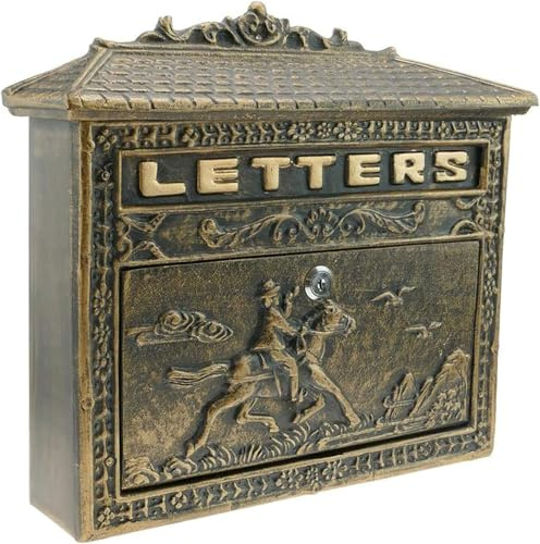 Cassette Postali dell'Annata Lettera Posta Cassetta delle Lettere Ossido Antico Colore Ghisa per Montaggio A Parete Cavallo Chiudibile A Chiave, Black,Golden, Black