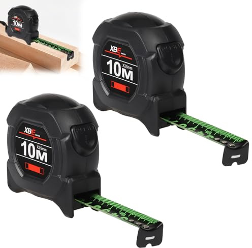 Mètre ruban à blocage automatique de 10 m, 2 pièces échelle métrique professionnelle rivetée, clip de ceinture et système d'enroulement