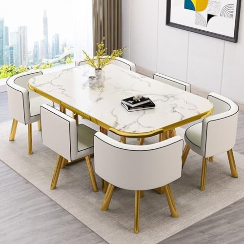 YKWLKJ 7-teiliges Esstisch Set für 6 Personen, 90 x 150 cm Moderner Konferenztisch mit 6 Stühlen, einfache Montage(White 2)