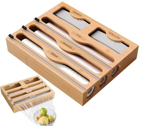 Distributeur de film étirable, boîte de rangement réutilisable en bois avec coupe-curseur, distributeur de cuisine multifonctionnel sûr pour papier d'aluminium et