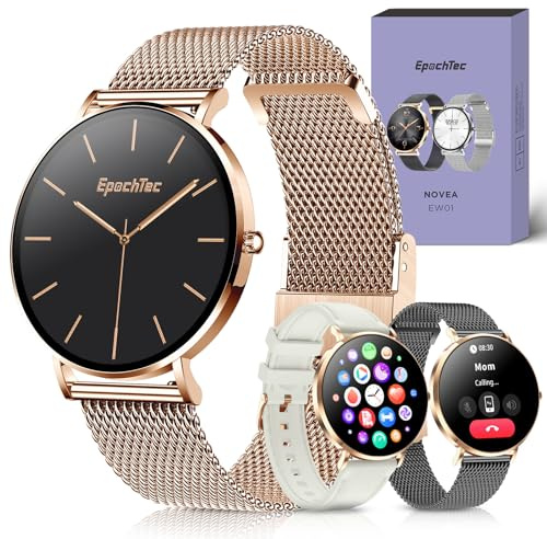 EpochTec NOVEA Damen Smartwatch, 1.32 Touchscreen Rosegold Armband Rund - Bluetooth Anrufe, 100+ Sportmodi, Schrittzähler, SpO2, IP68 Wasserdicht, Kompatibel mit iOS Android Gold