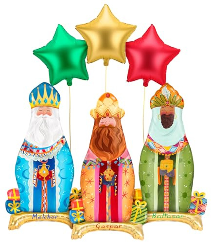 OH YEAH - Globo Foil Reyes Magos + 3 Estrellas - Verde, Oro, Rojo - 110 cm - Decoración Navideña - Celebraciones Familiares, Escolares y Escaparates - Roscón de Reyes - Eventos Navideños