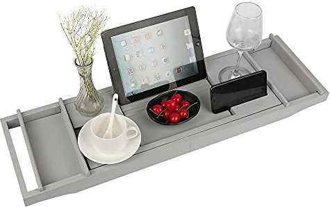 Badewannenablage aus natürlichem Bambus, entspannendes Spa-Erlebnis für Zuhause, ausziehbar, für Badezimmer, Aufbewahrungstablett, mit Lese-Regal, Halterung für Tablet (grau)