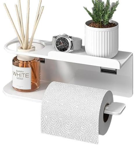 Supporto porta carta igienica da parete senza perforazione, srotolatore/svuotatore carta igienica da parete in acciaio inox con ripiano – porta rotolo WC, supporto e dispenser carta igienica (bianco)