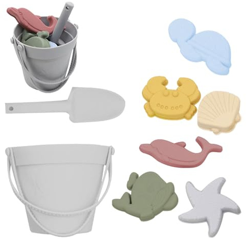 Jaoxiuozi Sandspielzeug Set aus Silikon, 8 Teile, Strandspielzeug, Sandkastenspielzeug, Eimer, Schaufel und Förmchen, für Jungen und Mädchen für Outdoor Spielzeug, Gartenspielzeug (Grau)