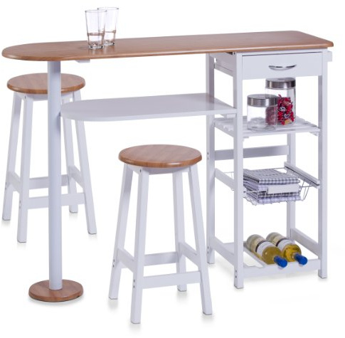 Zeller 13776 Küchenbar mit 2 Hockern, Mitteldichte Holzfaserplatte (MDF), Tisch: 118 x 38 x 89 cm, Hocker: 29 x 29 x 54 cm, weiß/Bamboo-Dekor