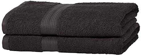 Amazon Basics 2 Badetuch für Badezimmer, farbecht, 100 % Baumwolle, weich, saugfähig, 70 x 140 cm, 2 Stück, Schwarz
