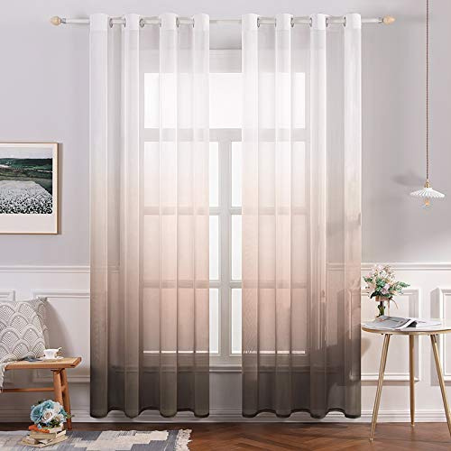 MIULEE Farbverlauf Voile Vorhänge Ösen 2er Weiß-Kaffeefarbe 140x145cm | Farbverlauf transparente Voile Vorhänge mit Ösen, lichtdurchlässig, modern dekorativ für Wohn- und Schlafzimmer