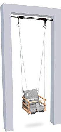 Holz Babyschaukel Kinderschaukel Holz Babywippe Zimmerschaukel Indoor Baby Schaukel Stoff Babysitz Baby Schaukel zum Aufhängen 4 in 1 Sicherheitsgurt + 2X Befestigungshaken (Natürliche&HellGrau)