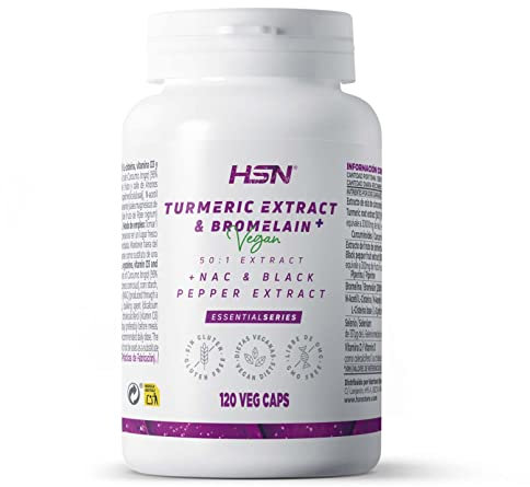 HSN Extracto de Cúrcuma Plus (95% de Curcuminoides) | 120 Cápsulas Vegetales | Con NAC + Bromelina + BioPerine® | 50x Veces Más Concentrado (30g de Raíz Curcuma longa) | No-GMO, Vegano, Sin Gluten