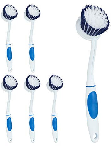 Relaxdays Set de 6 Cepillos para Fregar Platos, Cerdas Semiduras, Vajilla, Mango Engomado, Plástico, 25 cm, Azul