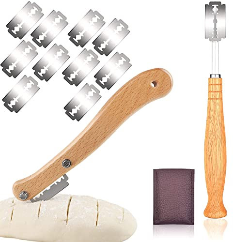 2 Stück Brotbäder Slashing Werkzeug, Bäckermesser Brot Lahm Scoring Tool Set, Edelstahl Holzgriff Set, Teigmesser Baguettemesser mit 10 Rasierklinge für DIY Brotteig Muster