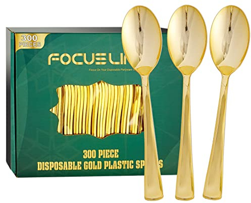 FOCUSLINE 300 Pack 6.8 Disposable Gold Plastic Spoons, Solid and Durable Plastic Cutlery Spoons, Heavy Duty Disposable Utensil Silverware for Catering, Parties, Dinners, Weddings