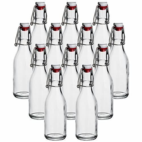 gouveo 12er Set 250 ml Glasflaschen rund mit Bügelverschluss - Leere Flaschen zum Befüllen - Luftdicht & Spülmaschinengeeignet - Ideal für Likör, Saft, Öl, Essig, Sirup (BFR250)