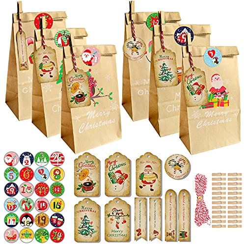 Adventskalender zum Befüllen Kinder, Yomisee Adventskalender Selber Befüllen mit 24 Tüten und Zahlenaufklebern DIY Weihnachtskalender zum befüllen