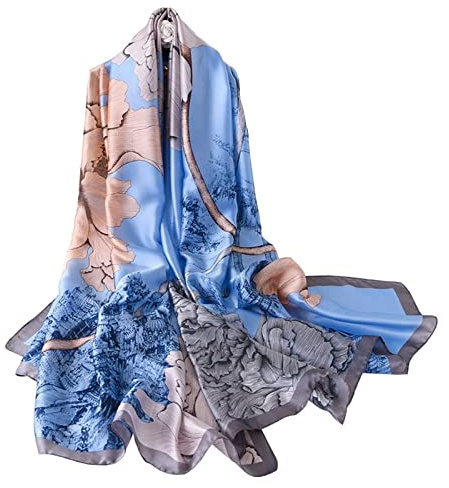 WEIGEER Sidensjal för kvinnor – chiffong stola, halsduk, huvudduk, lätt hijab, bälte, vintage brudslöja, muslimsk duk, blommönster, julhalsduk, blå, L180/W90