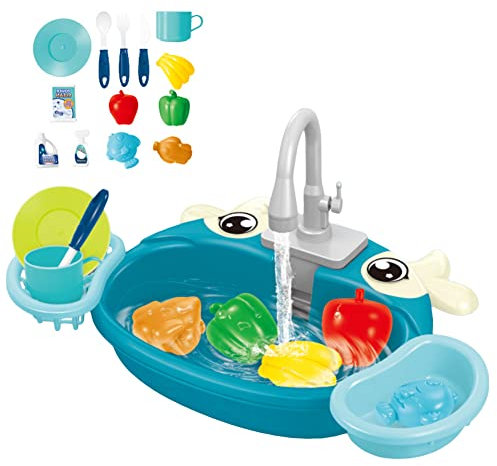 JAWSEU Küchenspüle Spielzeug Set mit Wasserkreislauf, Kinder-Simulations-Spülbecken mit Obst & Geschirr Spielzeug Elektrisches Zyklussystem für fließendes Wasser, Geschenk für Mädchen und Jungen