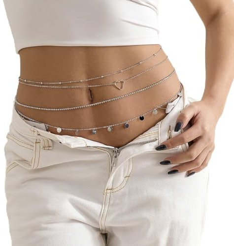 Carufin Multilayer Kristall Taillenkette Pfirsich Herz Pailletten Körperkette Stapelbar Bauchketten Sommer Strand Körper Accessoires Schmuck für Frauen und Mädchen (Silber)