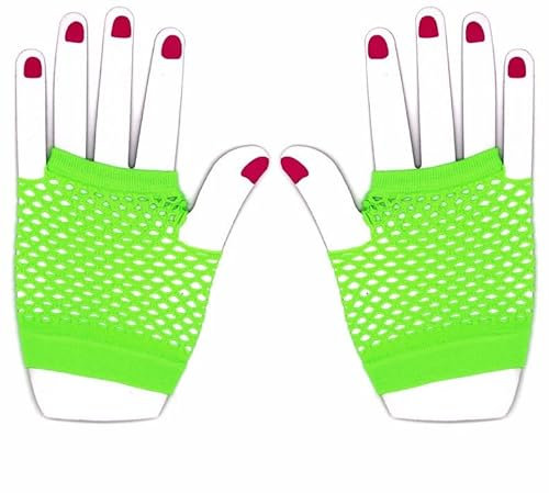 The Glowhouse 80er Jahre Neon Fischnetz Handschuhe Kurz und Lang Lebendige Farben, Kurzes Grün, Einheitsgröße