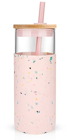 tronco 20oz Glass Tumbler Glass Water Bottle Straw Silicone Protective Sleeve Bamboo Lid - BPA Free (Terrazzo Blush)