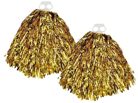 QUUPY Cheerleader-Pompons, glänzend, metallisch, flauschig, Cheerleader-Pompons mit Kunststoff-Fingerring für Kinder, Erwachsene, Ball, Tanz, Sport, Team, Spirit, Cheering (Gold)