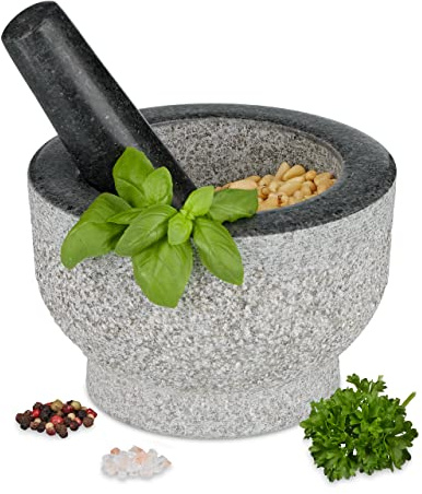 Relaxdays Mörser mit Stößel, Granit, runder Steinmörser, HxD: 10 x 15 cm, Gewürze & Kräuter, Schwerer Gewürzmörser, grau, 1 Stück