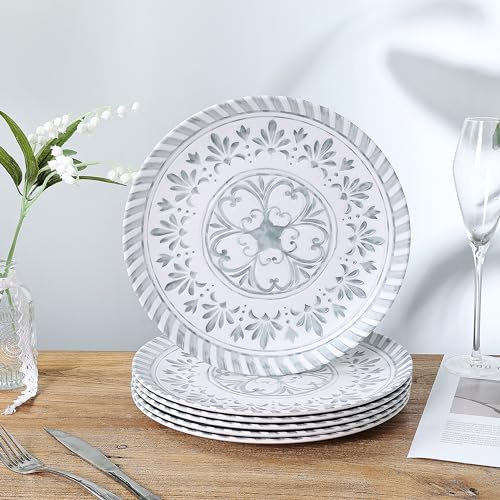 Yinshine Melamine Dinner Plates,10.75 Inch Plates Set for 6, 6-Piece Melamine Plates for Indoor and Outdoor Use,Embossed Floral Design,Dishwasher Safe, Unbreakable,White&Grey