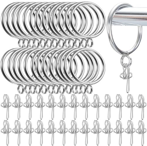 LOSYHU 50 Pack Metal Curtain Rings and Hooks, 32mm Silver Curtain Pole Rings with Metal Hooks, Drapery Eyelet Hanging Rings for Window Poles and Shower Drapery Rods, Silver