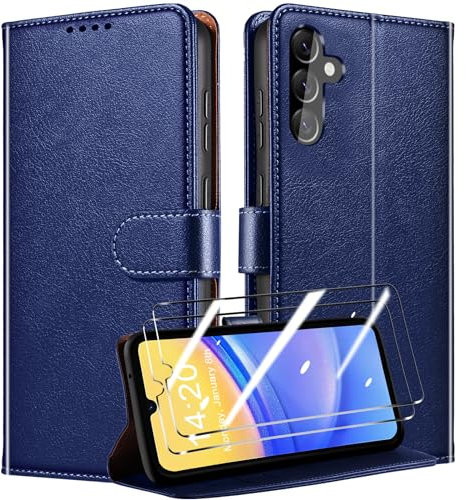 QHOHQ Handyhülle für Samsung Galaxy A15 4G/5G Hülle mit 2 X Panzer Schutz Glas, Premium Leder Schutzhülle, [RFID Sperrung Schutz], Magnetische Schnalle, Multifunktional, Stoßfest (Klassiker) - Blau