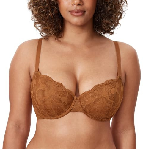 DELIMIRA Women's Balconette Bra Plus Size Lace Sexy Underwire Unlined Push Up See Through Bras Bronze Beige 36DD